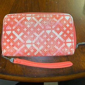 Womens Pink and White Zip Around Wallet With Wrist Strap Multiple Pockets